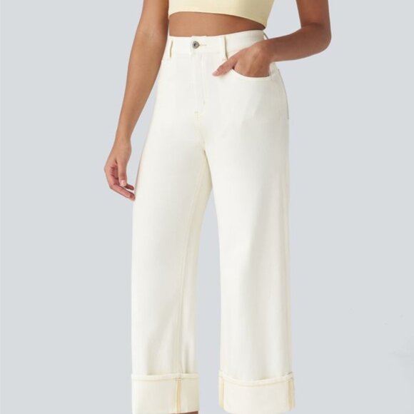 Halara Flex High Waisted Pockets Rolled Hem Wide Leg Washed Jeans Sz Small Tall - Picture 8 of 9